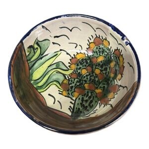 Mexican Art Clay Floral Soup Bowl Hand Painted Artist Signed Decorative Cactus
